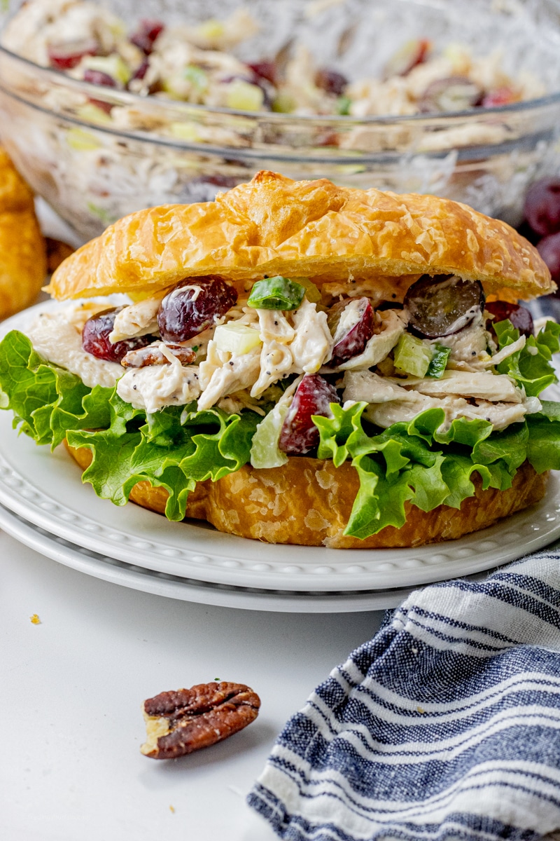 buttery croissant stuffed with chicken salad with red grapes on top op green leafy lettuce