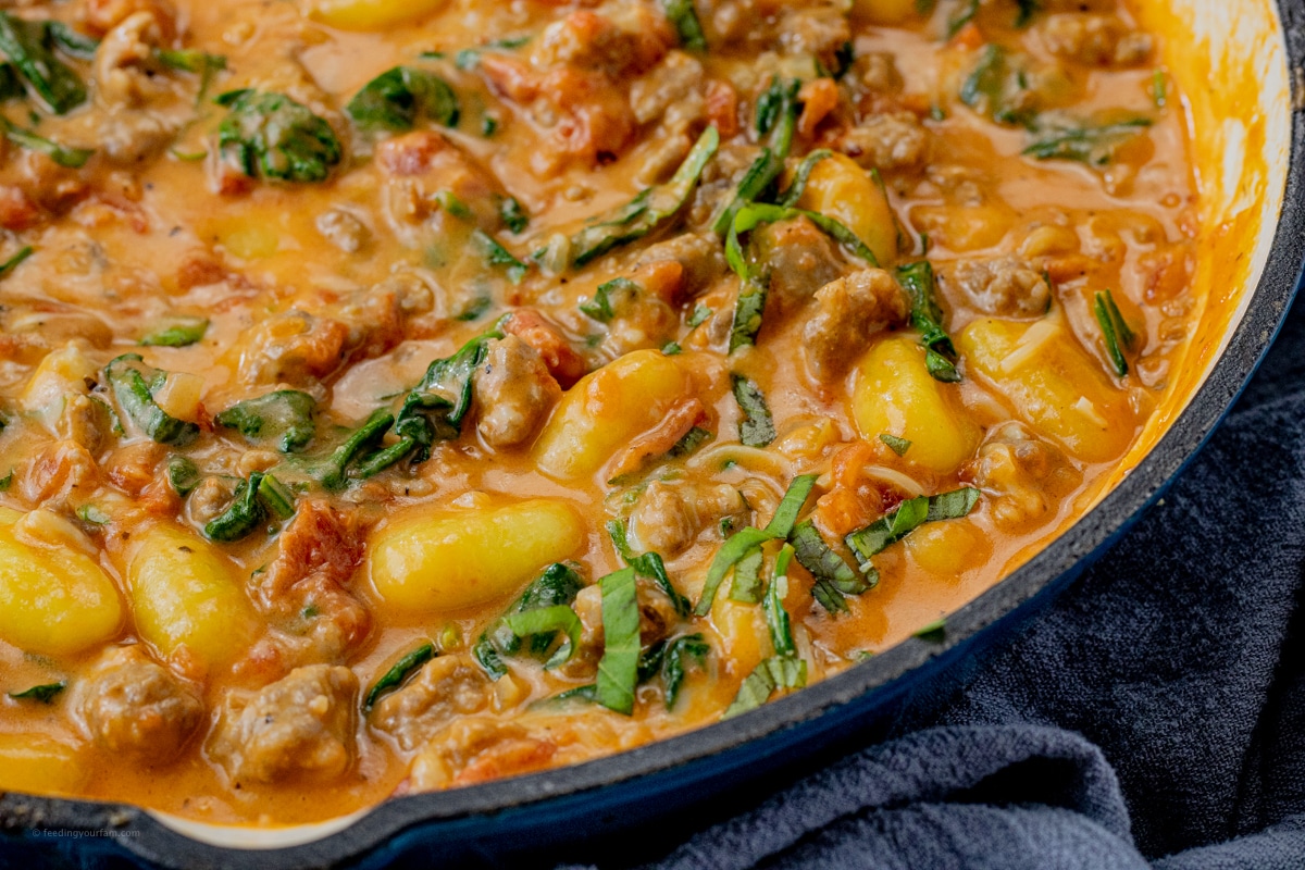 creamy tomato sauce with spinach and sausage and gnocchi