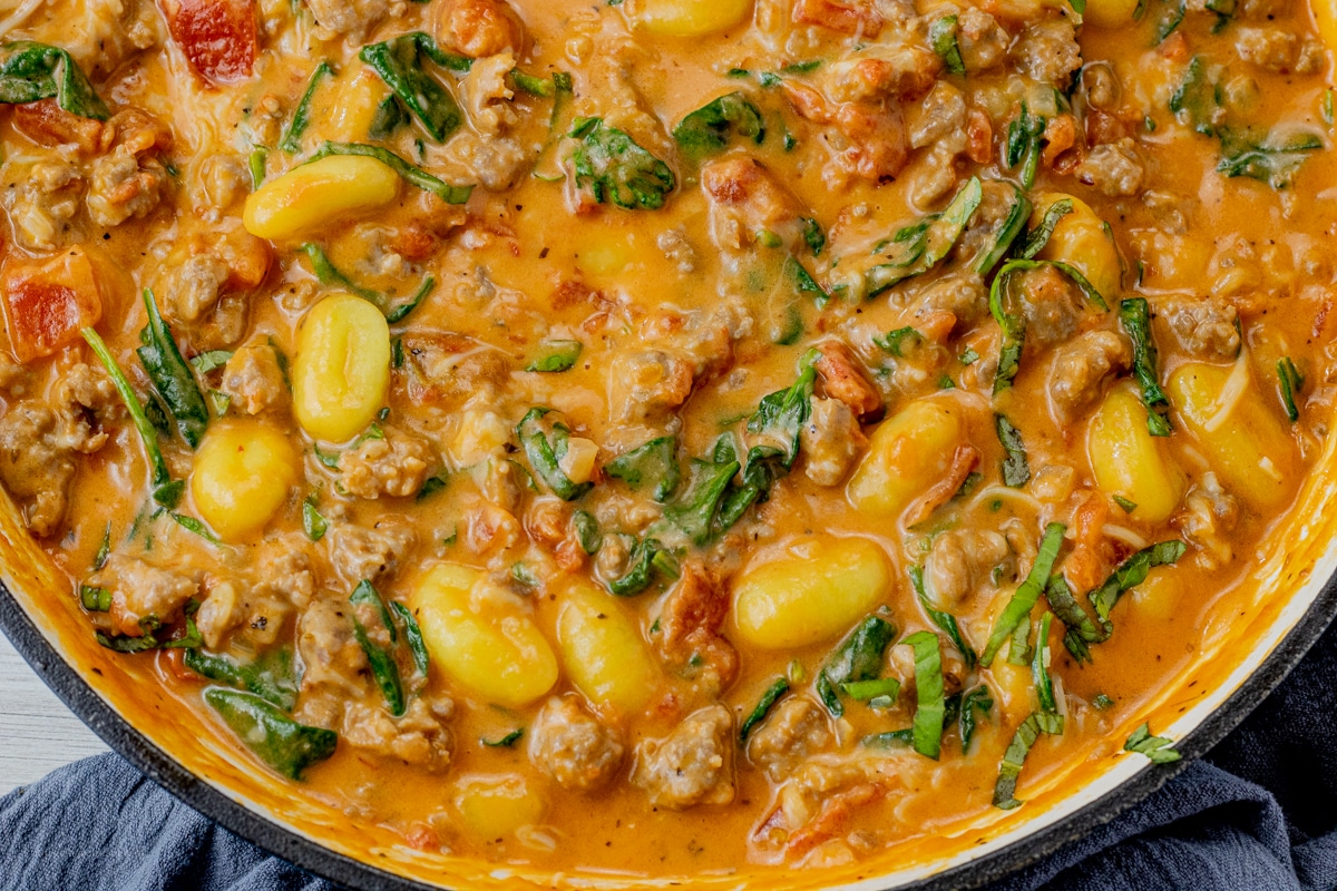 gnocchi in a creamy tomato sauce with sausage and gnocchi