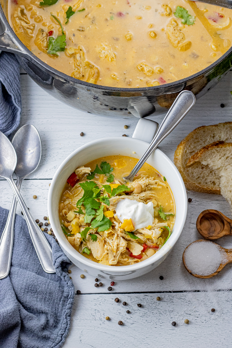white bean chicken chili is made with tender beans, chunks of chicken and a savory broth filled with simple spices that make the most delicious, savory broth.