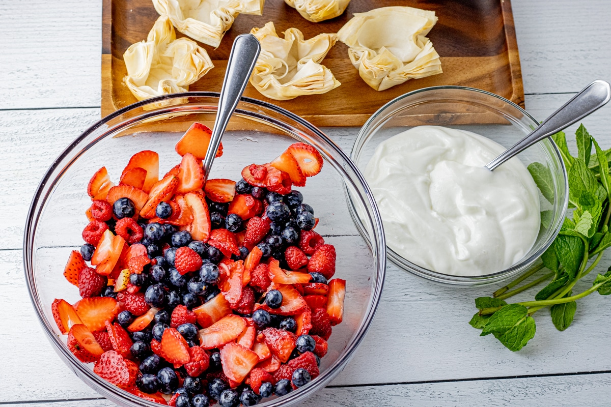 bowl of mixed berries next to a small bowl of vanilla yogurt