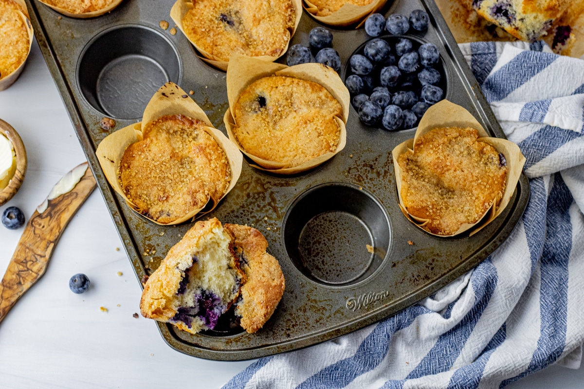 blueberry muffins and fresh blueberries in a muffin pan