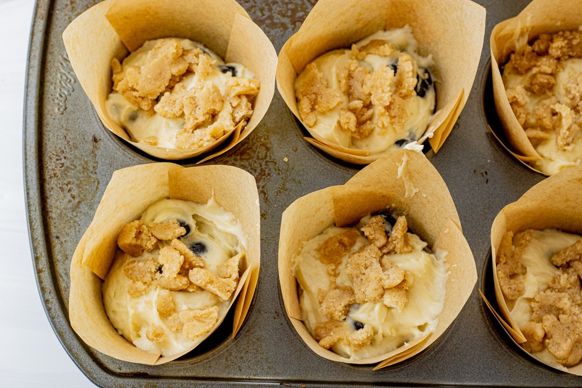 uncooked blueberry muffins in a muffin pan topped with brown sugar butter topping