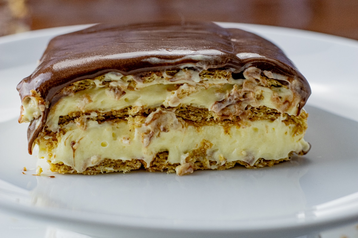 slice of layered eclair cake with graham crackers, vanilla pudding and chocolate frosting