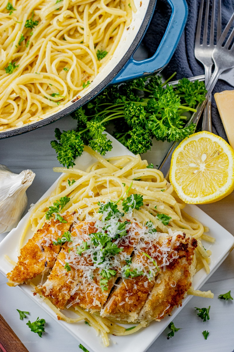 bread crumb toasted chicken over pasta