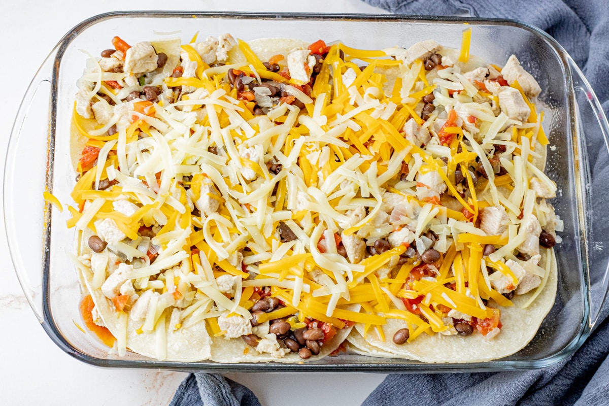 layers of chicken, black beans, tomatoes and shredded cheeses