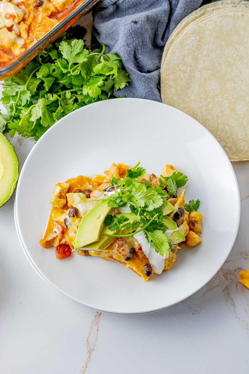 a white plate with a slice of chicken tortilla casserole topped with sour cream, avocados and cilantro on it