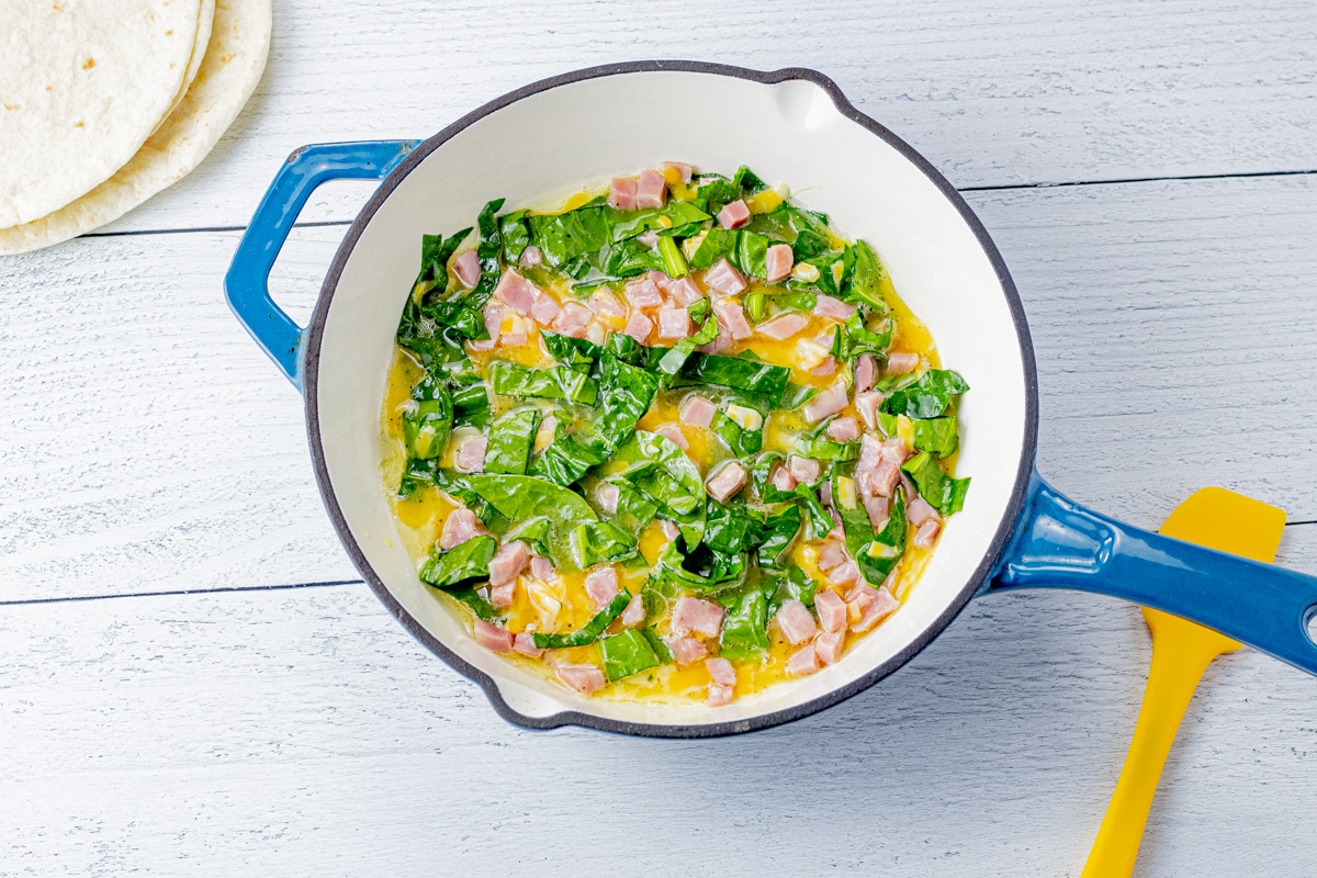 uncooked eggs, ham, cheese and spinach in a pan