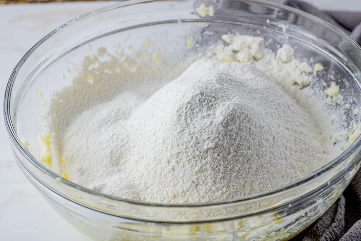 pile of sifted flour in a mixing bowl