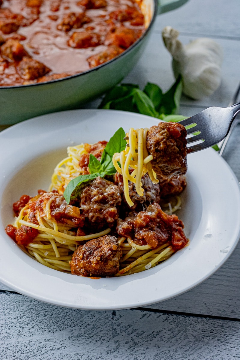 This Spaghetti and Meatballs Recipe is such a hearty and satisfying meal that is surprisingly easy to make for a quick weeknight dinner. This comfort food dish is perfect for feeding the whole fam. Made with simple ingredients, you can have this on the table in under 30 minutes!