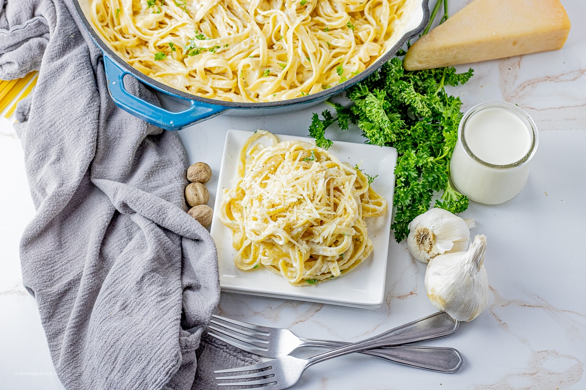 fettucinne noodles in alfredo sauce in a big skillet with some on a small white plate