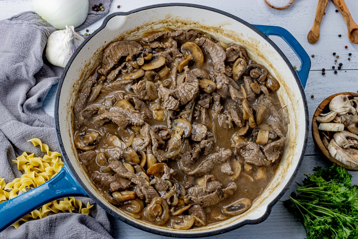 cooked steak and mushrooms in a large cast iron skillet with thickened beef broth
