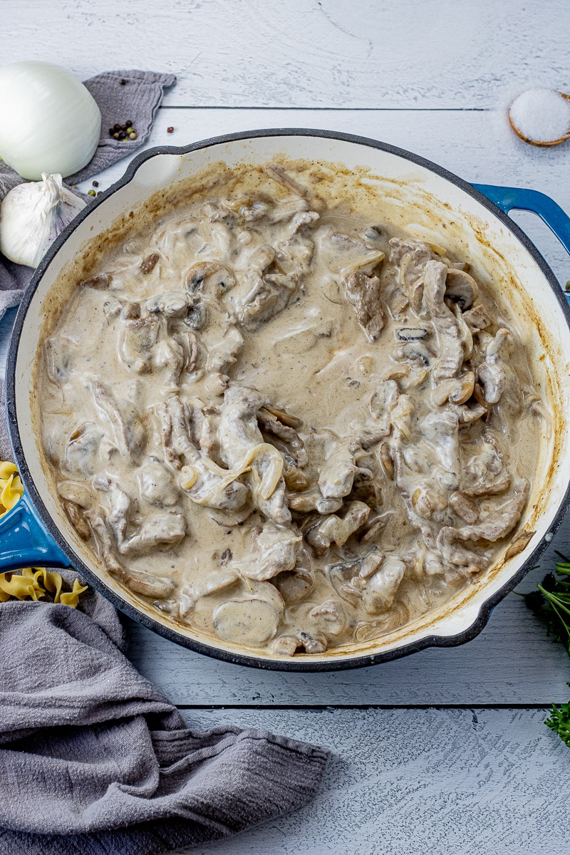 steak strips, mushrooms and onions in a creamy sauce