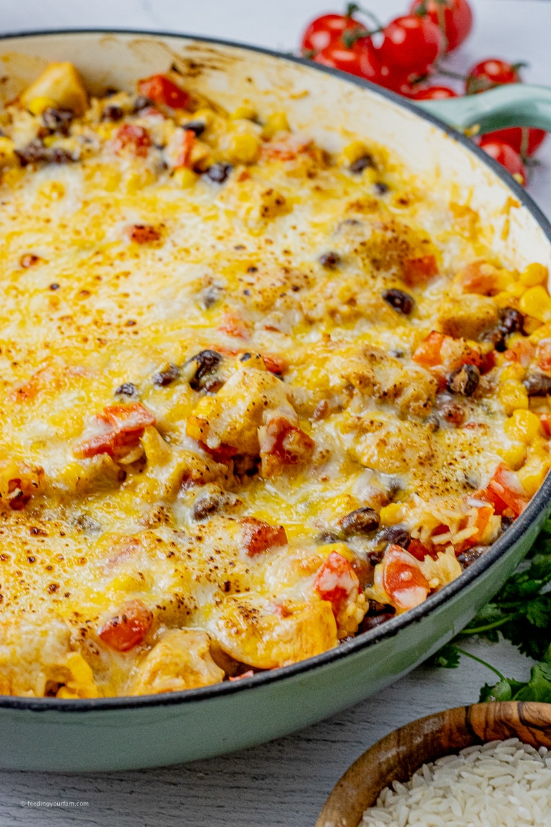large skillet with rice, black beans, tomatoes and chicken topped with melted cheese
