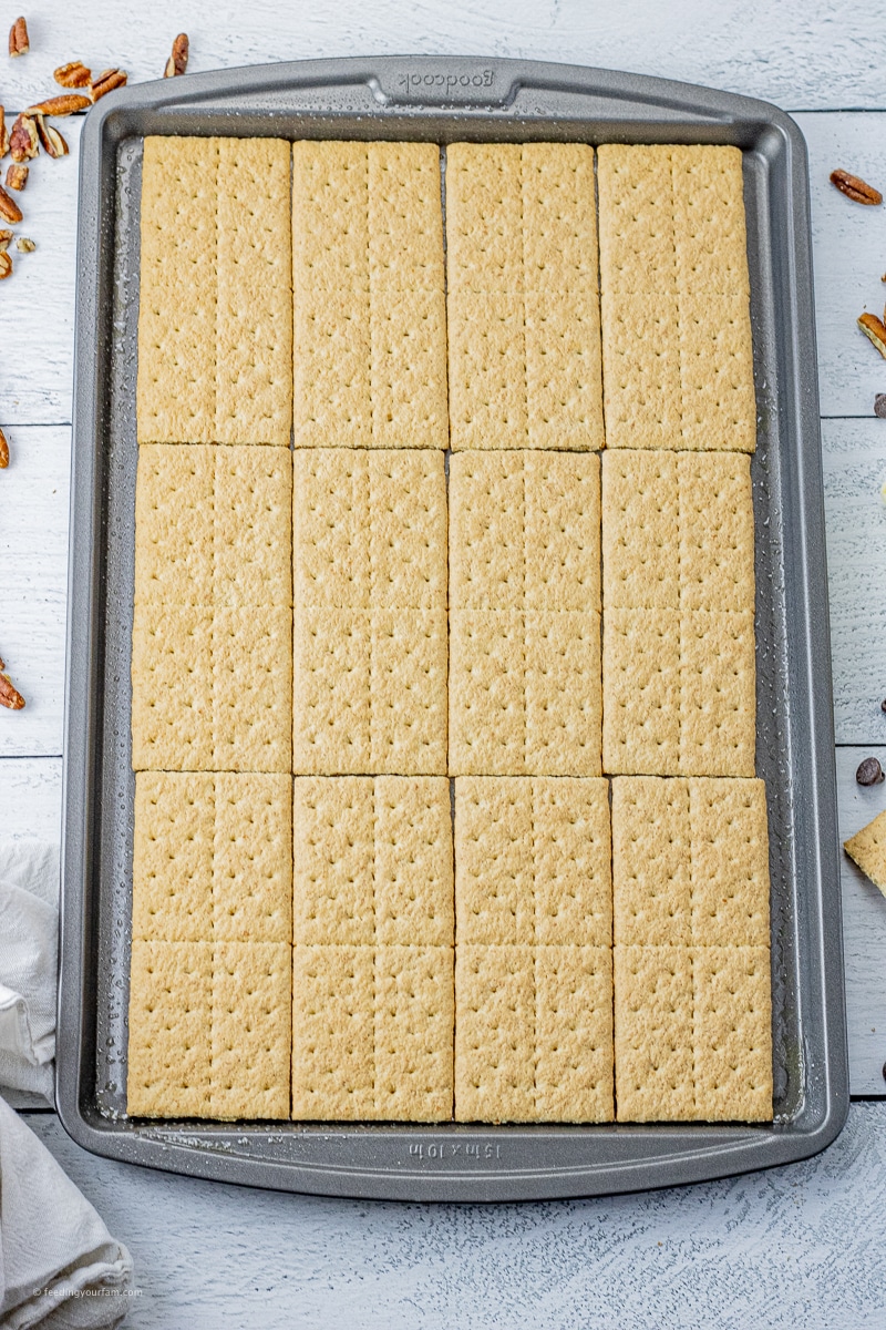 graham crackers laid out in a jelly roll pan