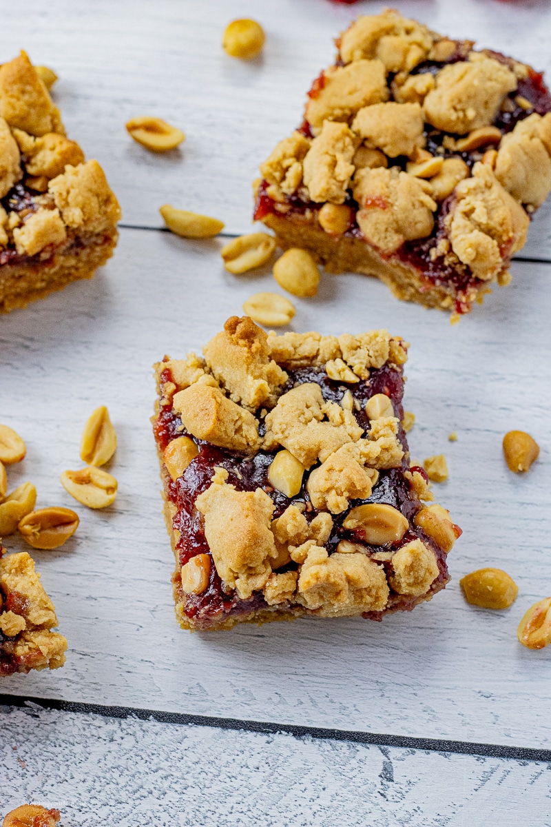 squares of peanut butter and jelly cookie bars 