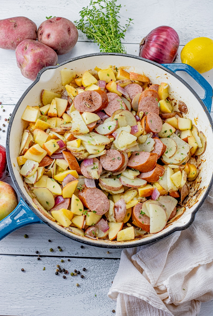 One pan and a few simple ingredients is all you need to make this simple Turkey Sausage, potatoes and apples recipe.