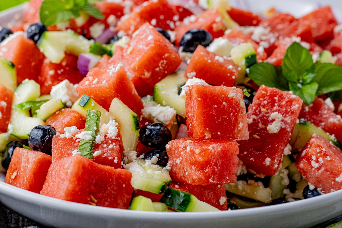watermelon salad with cucumbers, blueberries and mint