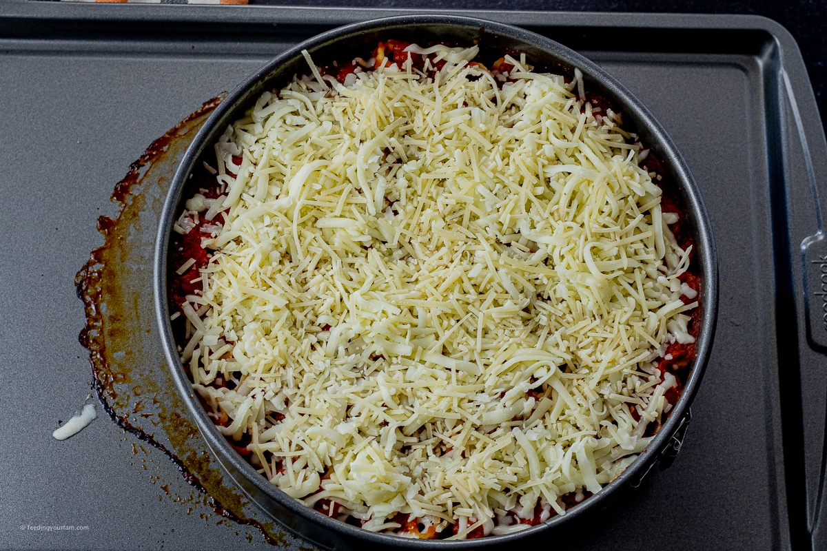 pasta in a spring form pan topped with mozzarella cheese