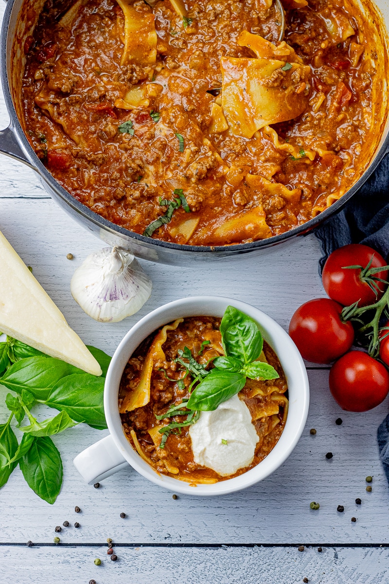 Lasagna Soup made with ground beef, tomato sauce, cheese, lasagna noodles and other simple ingredients is perfect for a quick and easy dinner. With all the flavors of traditional lasagna this soup will be one your fam with want to have over and over.