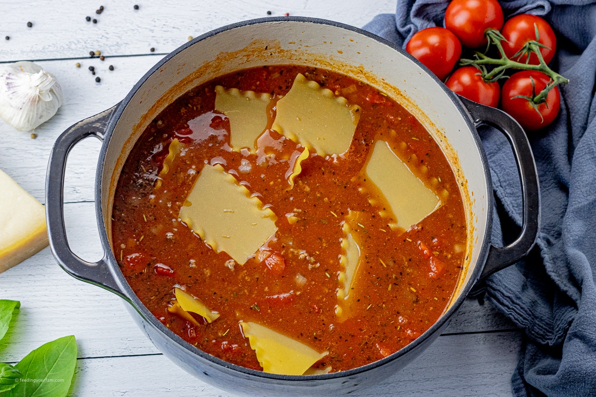 lasagna soup ingredients in a big pot with uncooked lasagna noodles