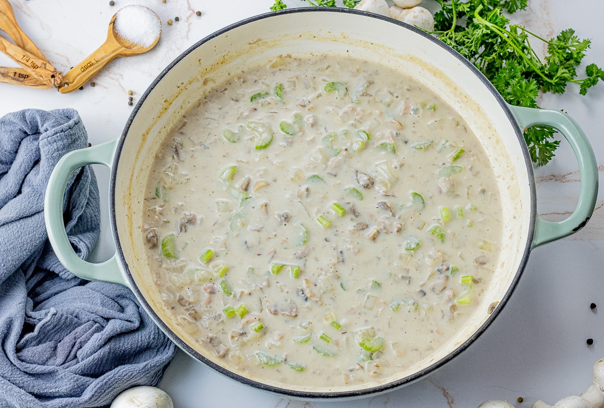 creamy mushroom soup in a large cast iron skillet