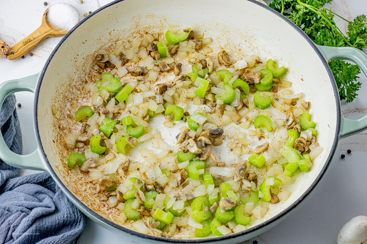 onions, mushrooms, celery chopped and in a large cast iron skillet