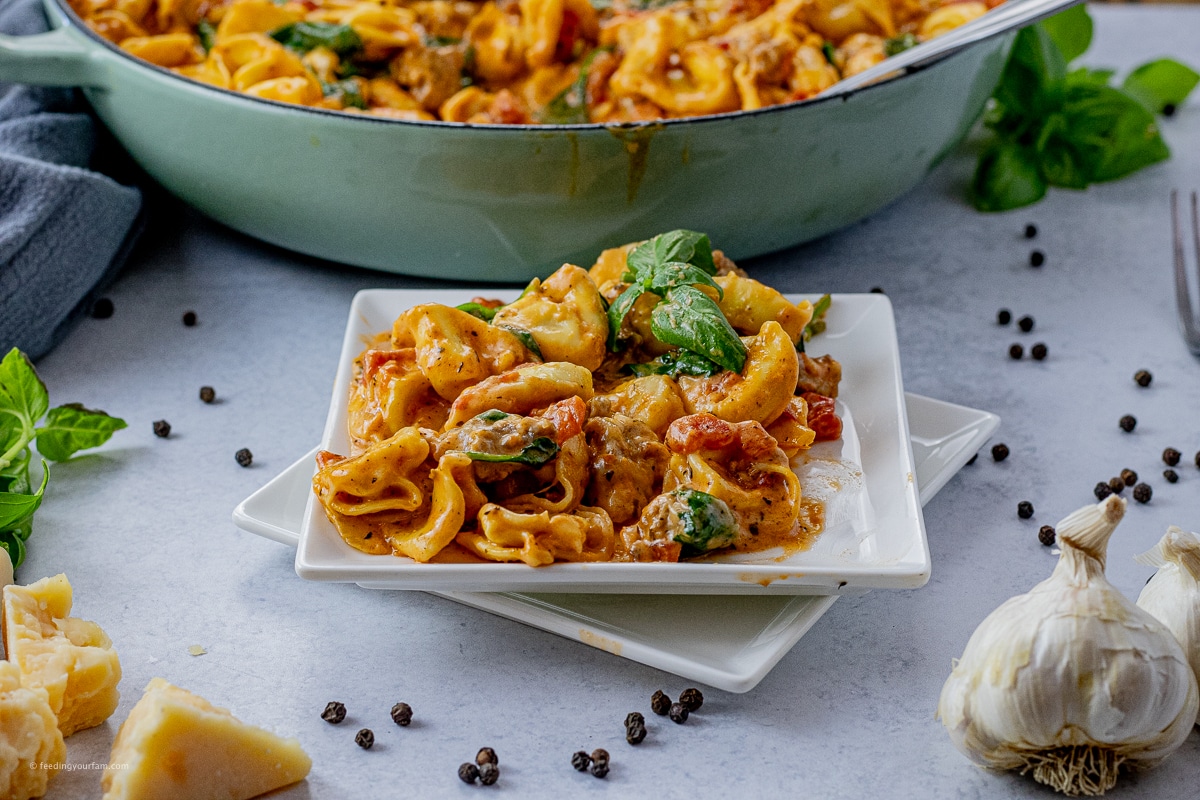 small plate with tortellini in a sausage, tomato cream sauce