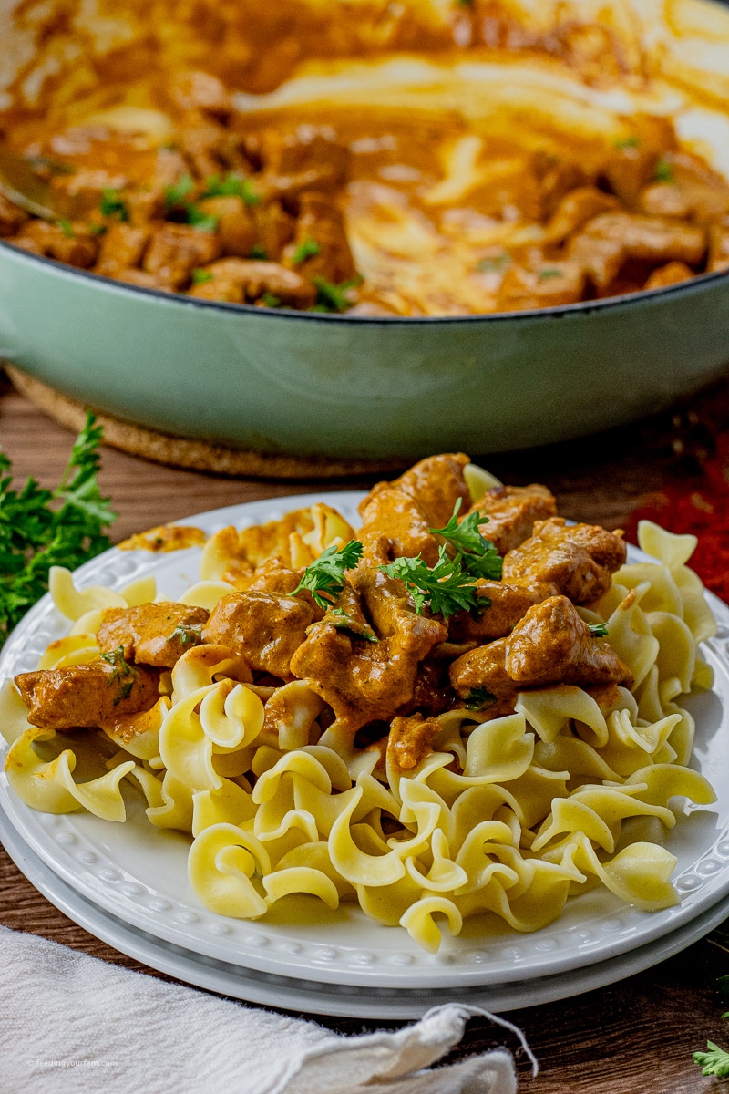 pieces of pork in a paprika cream sauce over cooked egg noodles