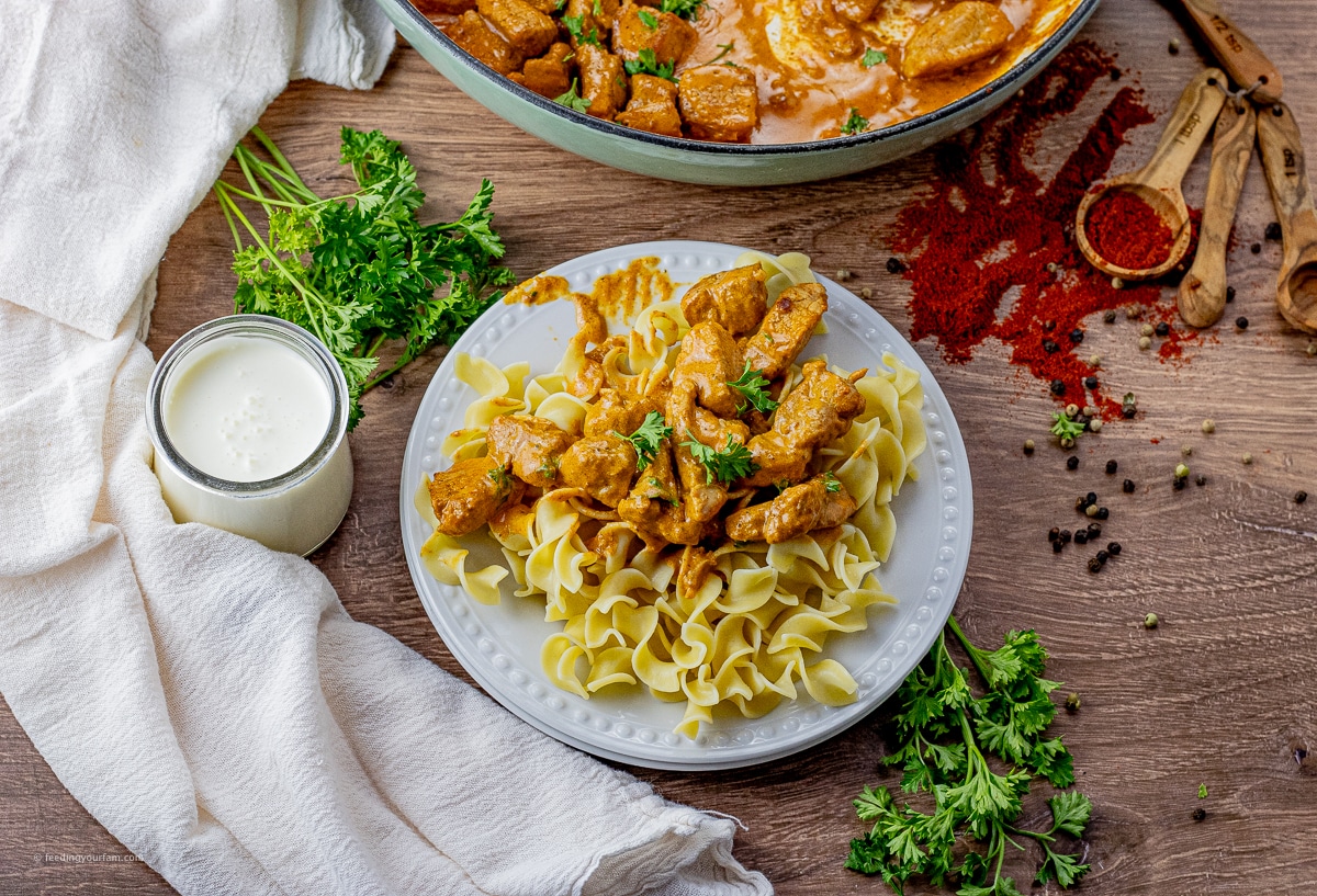 piece of pork in a cream paprika sauce over cooked egg noodles