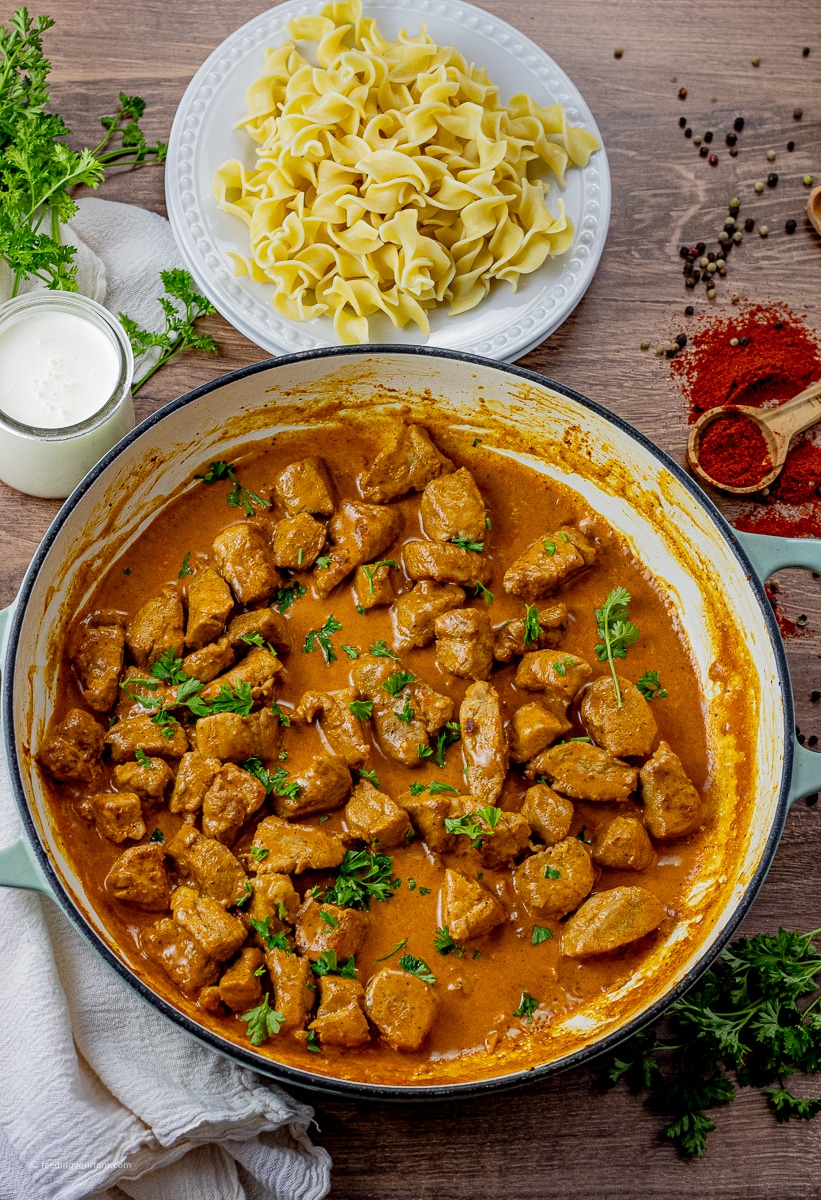 Easy pork tenderloin recipe cooked in one pan in a creamy paprika sauce.