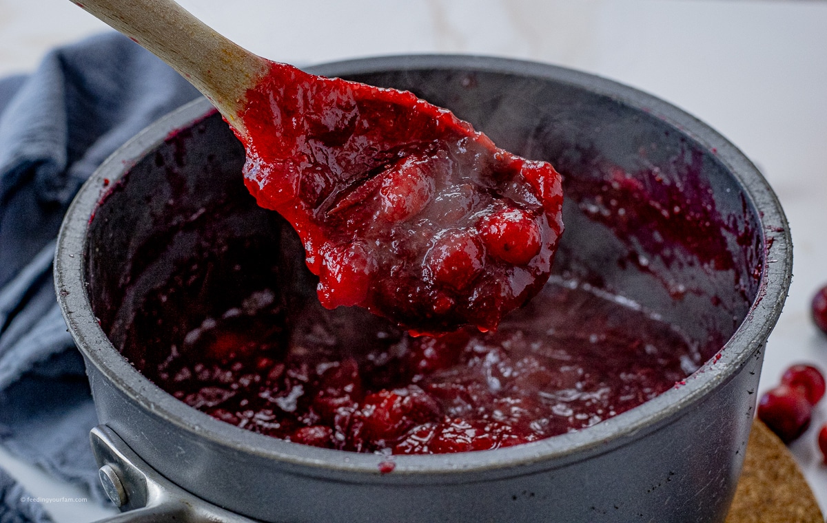 wooden spoon scooping out steaming, homemade cranberry sauce