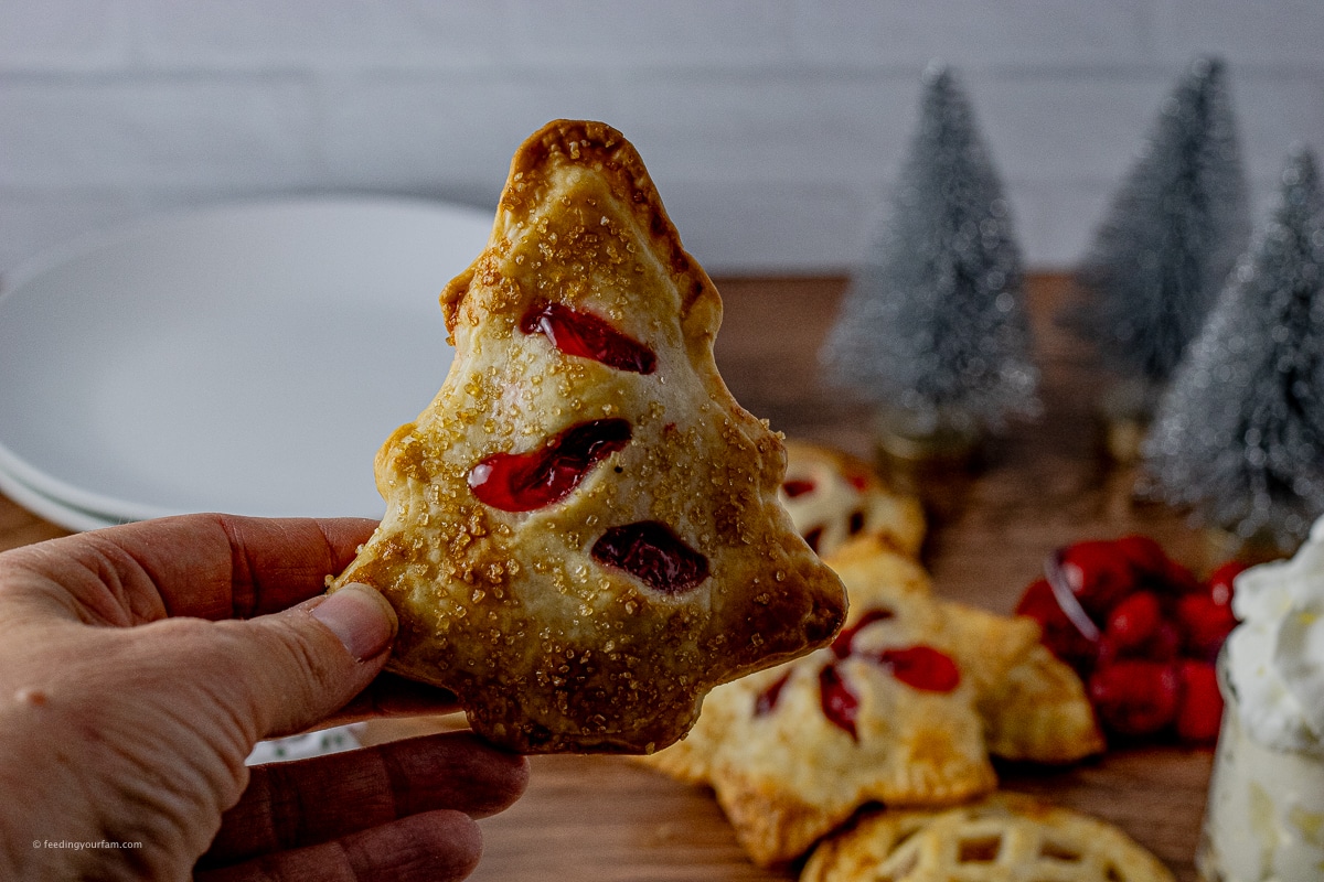 hand holding up a tree shaped cherry pie 