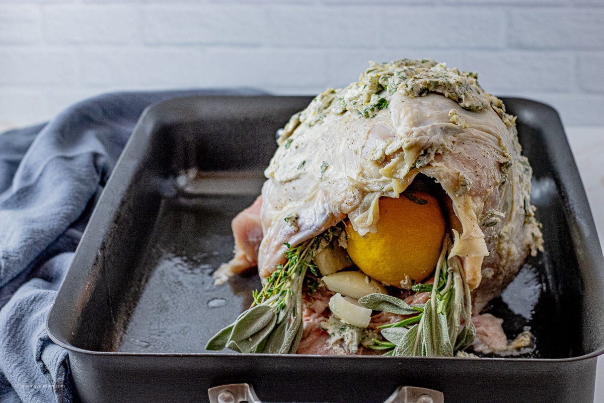 uncooked whole turkey breast covered with butter and stuffed with lemon and fresh herbs in a large roasting pan