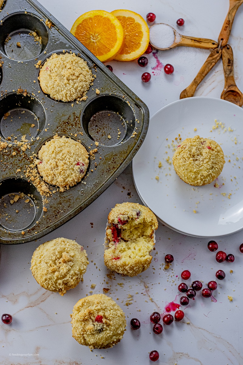cranberry muffins topped with a crumbly topping