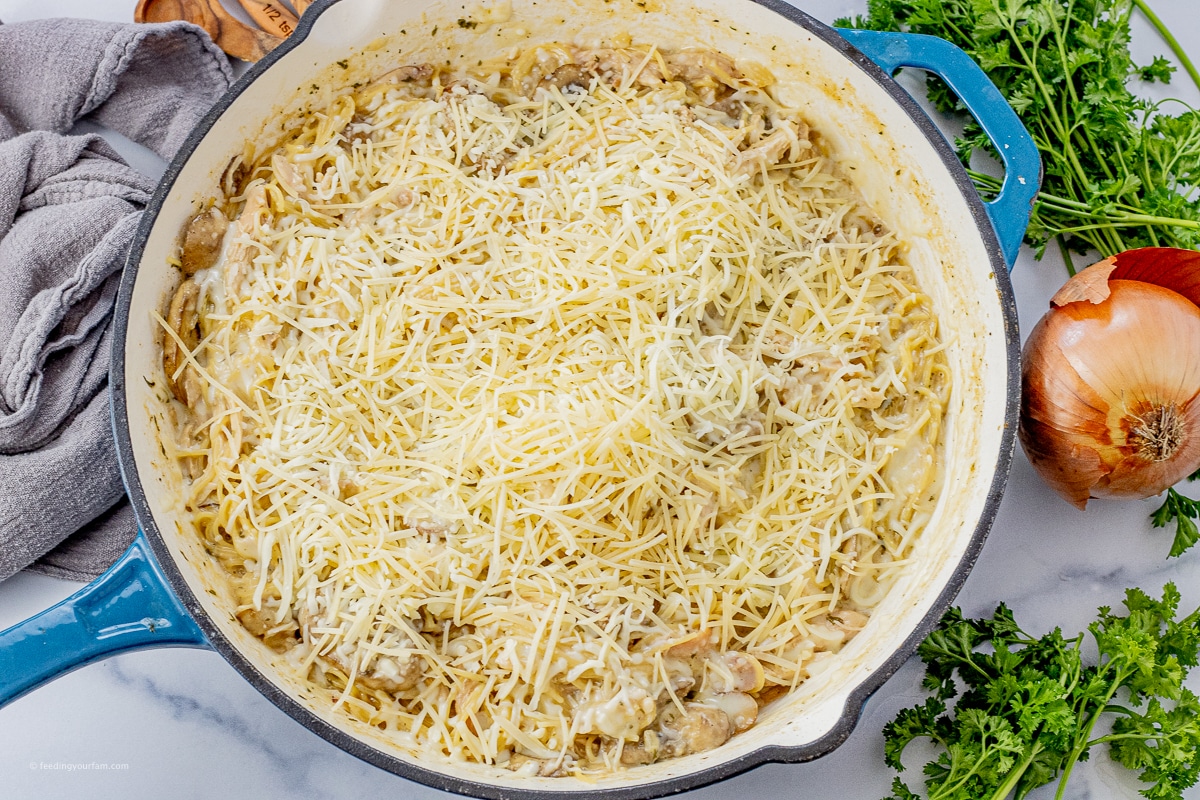 pan of tetrazzini chicken topped with shredded parmesan and mozzarella