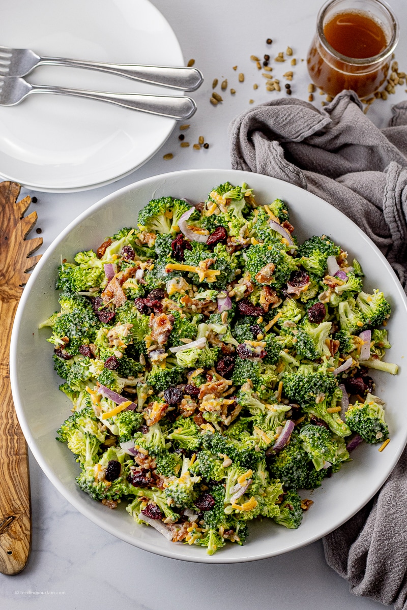 Loaded broccoli salad is so easy to make, full of broccoli, red onion, dried cranberries, sunflower seeds, bacon, and of course cheddar cheese.