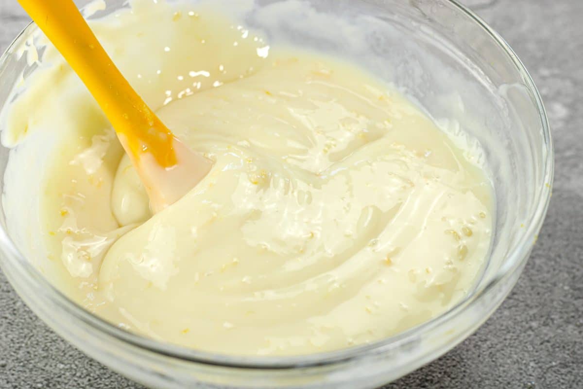lemon pudding in a glass mixing bowl
