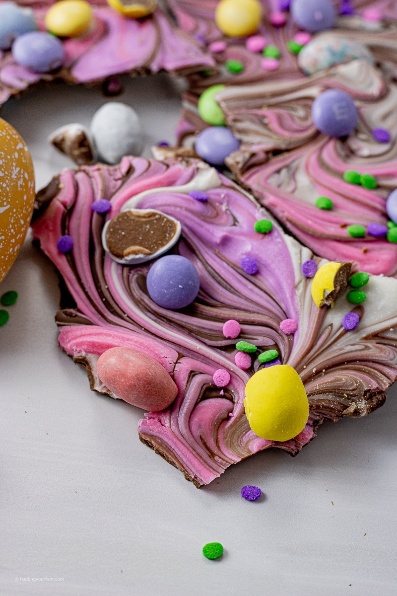 chocolate swirled bark topped with easter candies