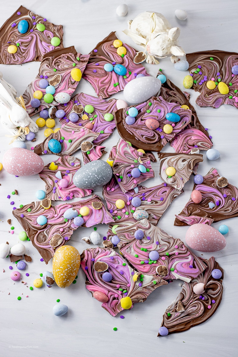 Easter Bark is a simple, super cute treat made with a mixture of milk and white chocolates to make a show-stopping dessert. Top with all your favorite colorful Easter candies to make it fun and festive.