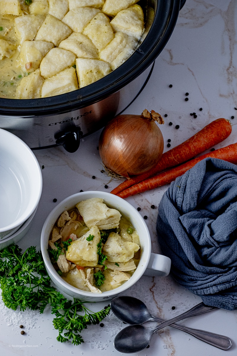 biscuit dumplings in a chicken soup recipe cooked in a slow cooker