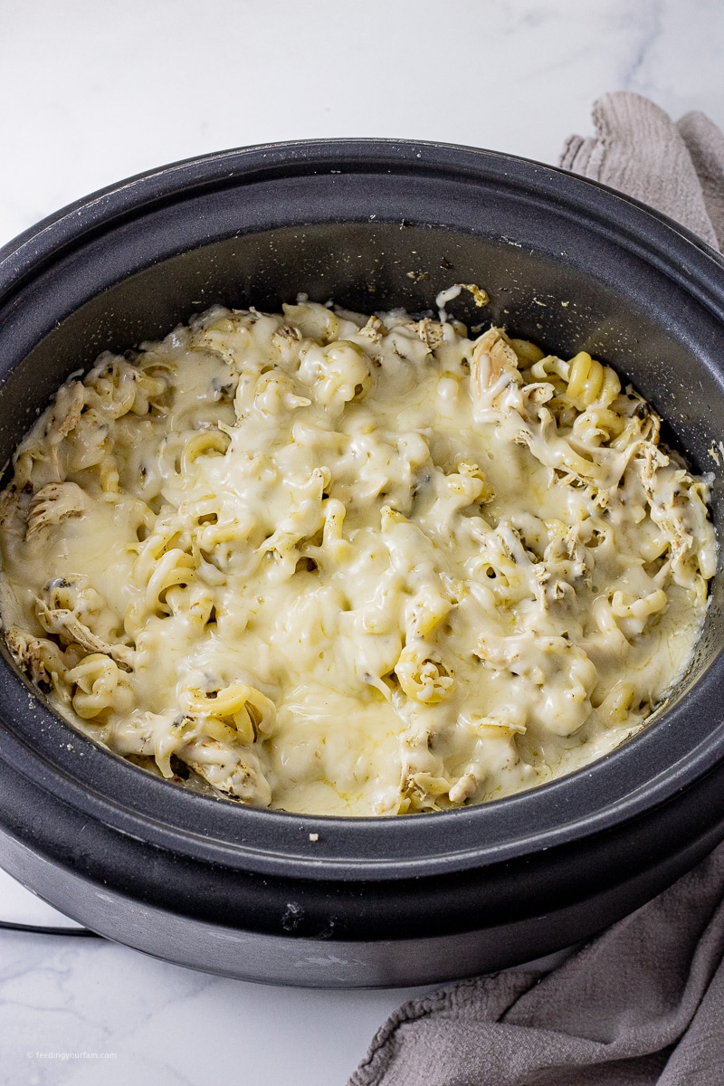 Twisted noodles, pesto, shredded chicken topped with melted mozzarella cheese in a slow cooker pot