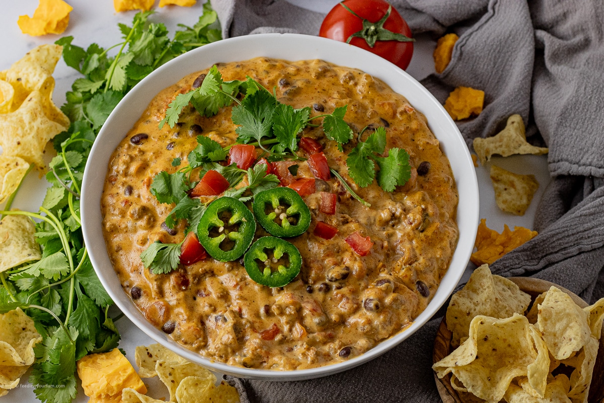 big bowl filled with beef and bean queso dip