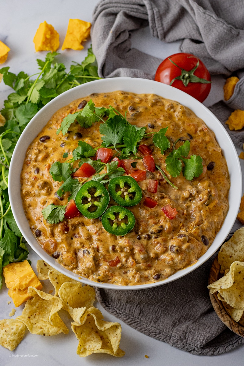 This Velveeta queso dip is loaded with so much flavor and is absolutely the easiest cheese dip recipe out there. Perfect for game day parties, family gatherings, or any other occasion that calls for a savory snack!