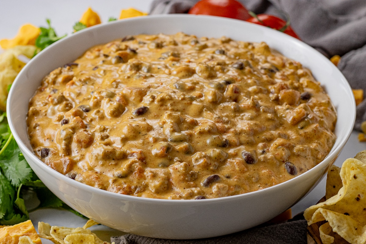 big bowl of queso with black beans and ground beef