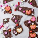 chocolate bark made with candied hearts and pretzels