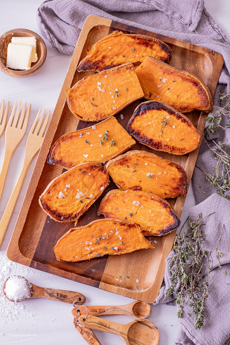 When sweet potatoes are cooked in the oven, they release their sugars and become a caramelly, soft, sweet treat.