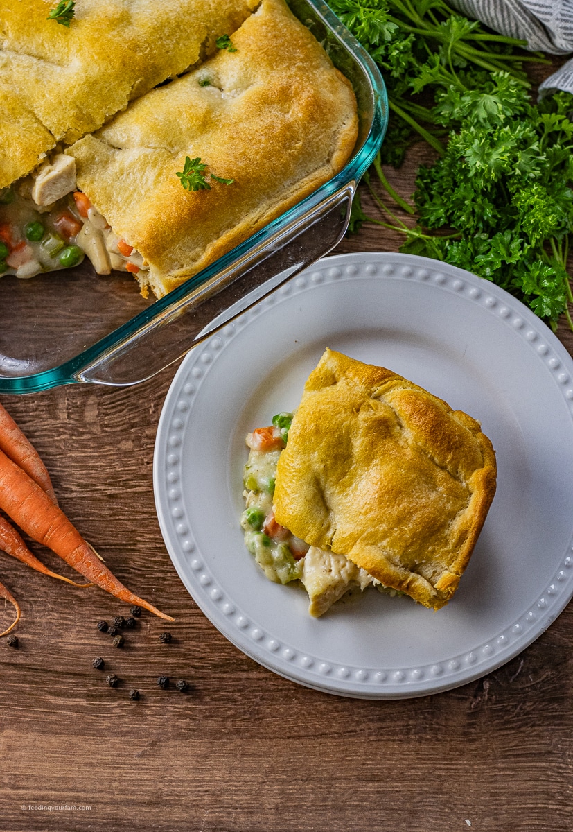 Chicken Pot Pie with Crescent Rolls is the easiest recipe for a classic chicken pot pie. With a double-crust layer of crescent rolls and that savory chicken pot pie filling, this is one chicken dinner that you will be making on repeat.