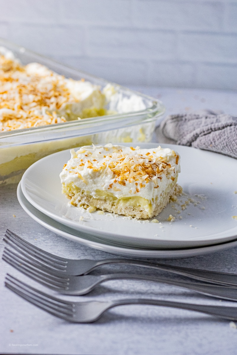 square slice of coconut pie bars on a white plate