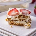 layered graham cracker cake with pudding and strawberries